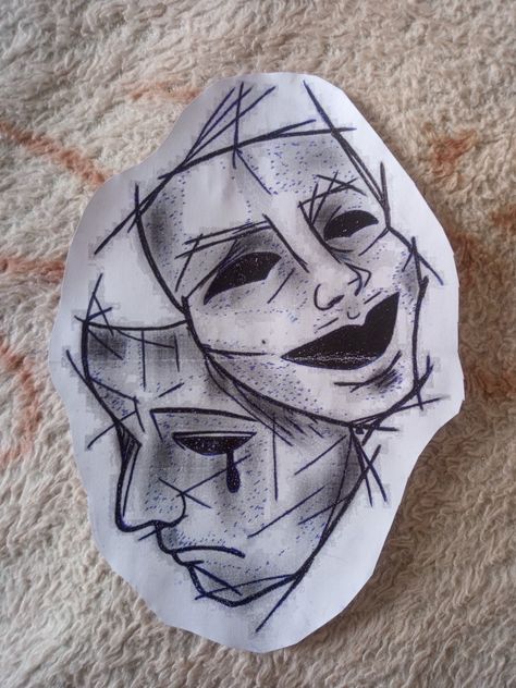 3 Mask Tattoo, Double Face Tattoo Design, Two Masks Tattoo, Theater Faces Tattoo, Two Face Tattoo Mask, Holding Mask Reference Drawing, Theatre Masks Tattoo, Theatre Tattoos, 2face Tattoo