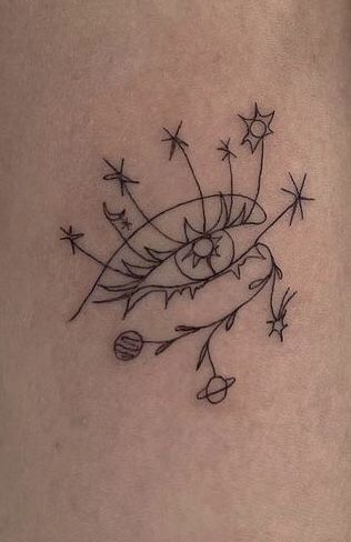 Paradoxical Tattoo Ideas, Tattoo Within A Tattoo, Eyes Full Of Stars Tattoo, Small Hippy Tattoos, Tattoo Ideas Whimsical, Whimsical Tattoo Designs, Simple Trippy Tattoos, Small Detailed Tattoos, Small Leg Tattoos