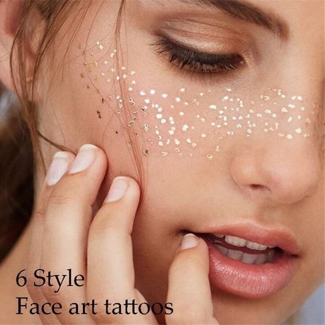 Temporary Face Tattoos, Freckles Makeup, Jewel Tattoo, Makeup Stickers, Festival Mode, Gold Tattoo, Facial Tattoos, Glitter Face, Face Jewellery