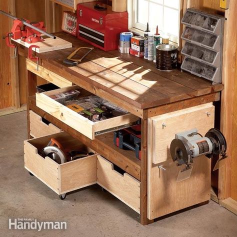 Upgrade any workbench with these DIY enhancements. 7 simple projects enhance functionality and increase the storage capacity of your workbench. Most can be built in a day; some in less than 15 minutes! Diy Workbench, Workbench Plans, Garage Work Bench, Bench Plans, Garage Tools, Shop Storage, Woodworking Bench, Diy Garage, Workshop Storage