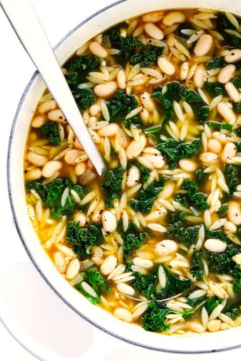 White Bean Recipes Vegetarian, White Bean Orzo, Soup Orzo, Rain Food, Kale White Bean, Soup With Kale, Vegetarian Soups, Orzo Soup, Gimme Some Oven