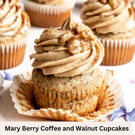 Mary Berry Coffee and Walnut Cupcakes Recipe Coffee And Walnut Cupcakes, Walnut Cupcakes, Easy Dinner Party Desserts, Cupcake Flavours, Perfect Cupcake Recipe, Fluffy Coffee, Espresso Cupcakes, Homemade Cupcake Recipes, Coffee Biscuits