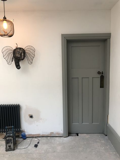 Original hallway door prepared and painted in F & B Lamp room grey to match the skirting  #LampRoomGrey #renovation #beautifulHall #Farrow&Ball Dark Grey Skirting Boards And Doors, Painted Doors And Skirting, Farrow And Ball Doors Internal, Farrow And Ball Interior Doors, Farrow And Ball Grey Hallway, Grey Skirting Boards And Doors, Coloured Doors And Skirting Boards, Door Frame Colour Ideas, Doors And Skirting Colours