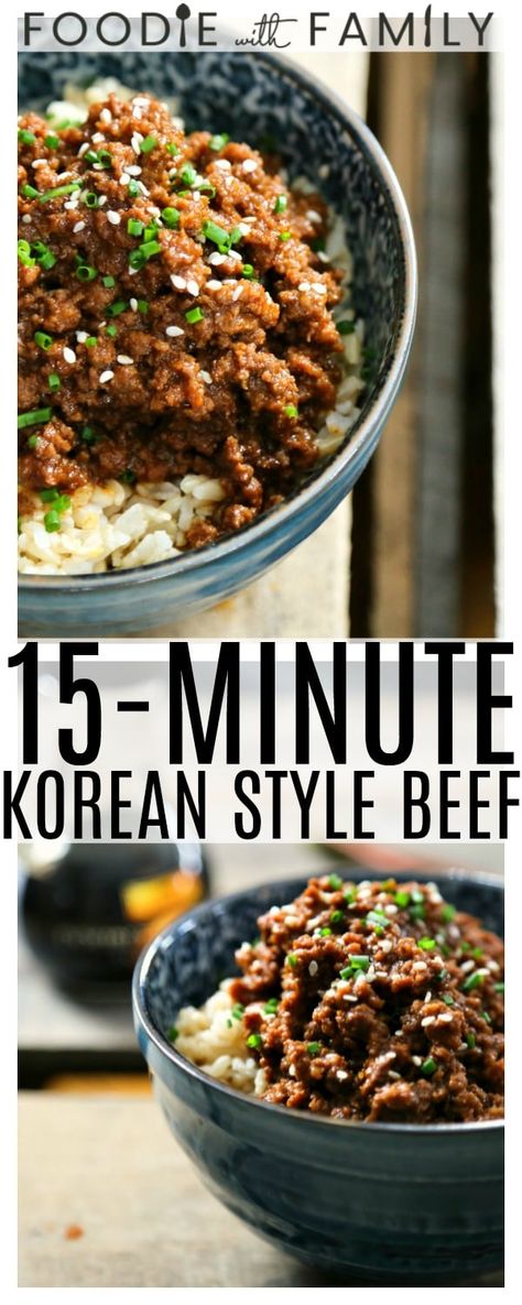 15 Minute Korean Style Beef is a lightning fast entree reminiscent of Korea's classic bulgogi's sweet and spicy elements, but is done in 15 minutes and is significantly easier on the wallet, substituting ground beef for the usual flank steak or tenderloin, without sacrificing any of the deliciousness! Ground Beef Bulgogi Recipe, Beef Bulgogi Recipe, Korean Style Beef, Korean Beef Recipes, Korean Bulgogi, Korean Ground Beef, Ground Beef And Broccoli, Bulgogi Recipe, Bulgogi Beef