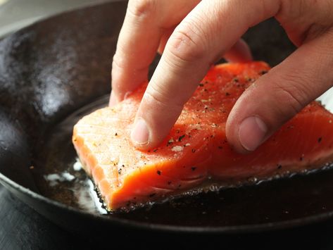 Pan-fried salmon fillets with a moist, medium-rare center and crisp skin can be tricky. The skin can stick, the salmon can easily overcook, and the layer of fat underneath the skin can come out greasy. But working through all of these problems is simple if you use the right technique. Just follow the video or step-by-step guide here—a photo-perfect dinner awaits. Salmon Crispy Skin, Salmon Recipes Pan, Fried Salmon Recipes, Salmon Fillet Recipes, Seared Salmon Recipes, Salmon Recipes Pan Seared, Salmon Recipes Baked, Pan Fried Salmon, Salmon Fillet