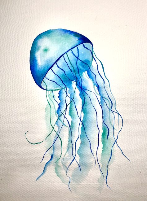 Turtle Watercolor Painting Easy, Jellyfish Watercolor Tutorial, Sea Creatures Painting Easy, Watercolour Sea Creatures, Water Color Turtle, Painting Ideas Jellyfish, Watercolour Inspiration Simple, Jellyfish Drawing Easy, Jellyfish Drawing Simple