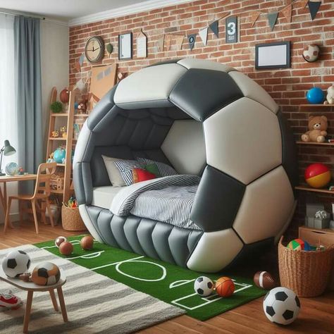 Bed Design For Boys, Football Bed, Strange Furniture, Kids Table With Storage, Kids Bedroom Interior Design, Kids Bed Design, Beautiful Bedroom Decor, Football Bedding, Cool Kids Bedrooms