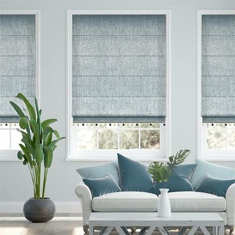 Edwardian House Renovation, Roman Blinds Living Room, Blue Roman Blinds, Light Blue Curtains, Blind Ideas, Window Furnishings, Blue Henley, Sheer Blinds, Roman Curtains