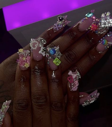 Black Junk Nails, Junk Nails Bling, Nails Bling, Junk Nails, Hard Nails, Long Acrylic, Bling Acrylic Nails, Nails Long, Long Acrylic Nails