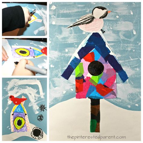 Mixed Media Winter Birdhouse – The Pinterested Parent Bird Crafts For Kids, Winter Birdhouse, Bird Crafts Preschool, Snow Ideas, January Art, Winter Christmas Scenes, Winter Art Projects, Crafts Preschool, Classroom Art Projects