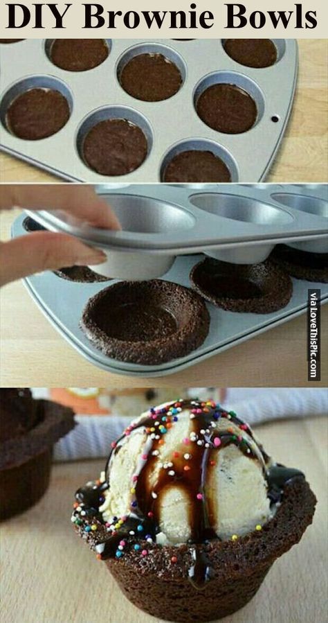 DIY Brownie Bowls food delicious baking recipe brownies recipes dessert recipe dessert recipes food tutorials food tutorial food hacks Brownie Bowls, Sleepover List, Cupcake Tutorial, Idee Pasto, Diy Science, Läcker Mat, Cream Desserts, Deilig Mat, Ice Cream Desserts