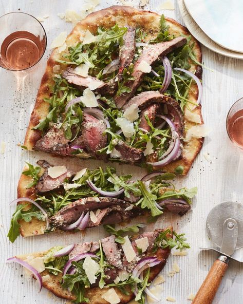 Parmesan Pecorino Steak Flatbread - What's Gaby Cooking Steak Flatbread, Leftover Steak Recipes, Mediterranean Foods, Leftover Steak, Whats Gaby Cooking, Easy Steak Recipes, Easy Steak, Flatbread Recipes, Steak Salad