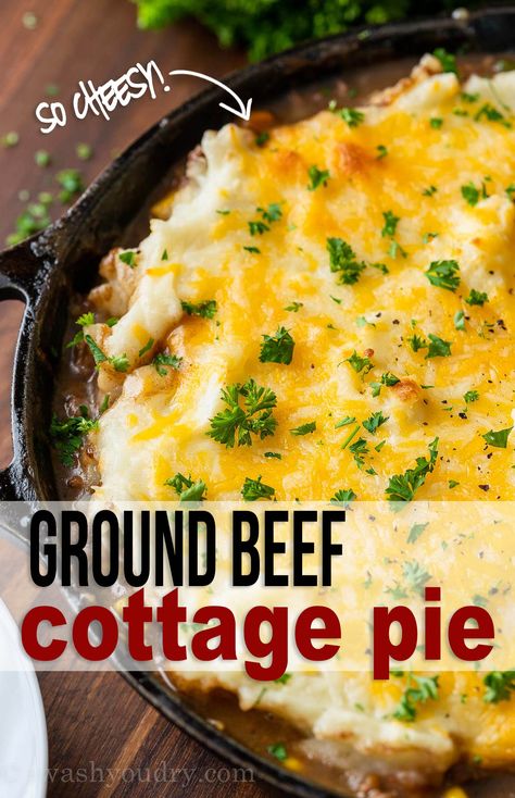 This cozy Cottage Pie recipe is made with ground beef in a rich brown gravy with frozen vegetables and homemade mashed potatoes. So delicious! Ground Beef Cottage Cheese, Cottage Pie Recipe Beef, Easy Cottage Pie, Beef Cottage Pie, Cottage Pie Recipe, Beef Pot Pies, Beef Pies, Homemade Mashed Potatoes, Shepherds Pie Recipe