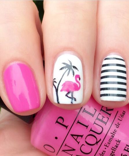 20+ Flamingo Tropical Nail Art – OSTTY Beach Themed Nails, Flamingo Nails, Palm Tree Nails, Cute Summer Nail Designs, Tropical Nails, Tree Nails, Manicure Gel, Pedicure Designs, Nail Art Designs Summer