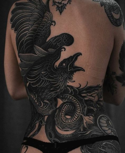 Tattoos With A Lot Of Black, Hip And Side Tattoos Women, Black Out Back Tattoo, Black And White Back Tattoo, Back Sleeve Tattoo, Dark Back Tattoos, Black And Grey Back Tattoo, Black Back Tattoo, Heavy Black Tattoo