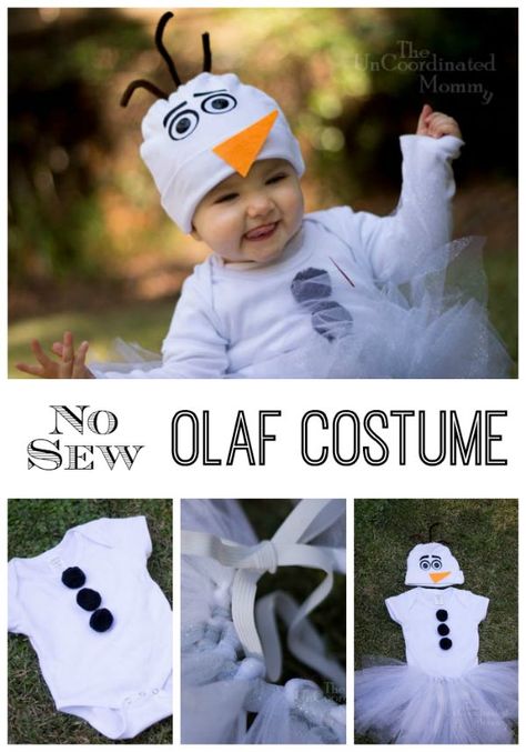 Materials: White Onesie (Long or Short Sleeve) White Baby Cap Black Grosgrain Ribbon White Grosgrain Ribbon Orange Grosgrain Ribbon 2 Black Buttons 3 Brown Pipe Cleaners 3 Large Black Poms 1 Roll White Tulle 1 Roll White Glitter Tulle Elastic Tacky Glue Carboard Heat and Bond Step 1: Insert the piece of cardboard into [...] Diy Olaf Costume, Olaf Halloween, Olaf Halloween Costume, Olaf Costume, Princess Tutu Dresses, Baby Kostüm, Quilted Coasters, Frozen Costume, Baby Cap