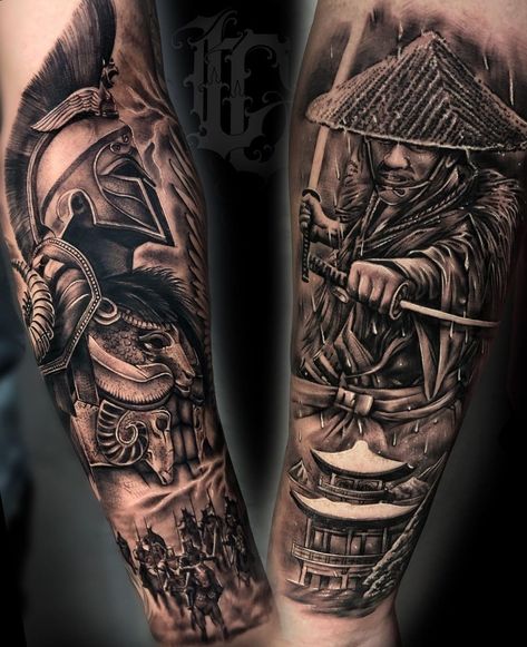 Me Vs Me Tattoo, Victor Tattoo, Samurai Tattoo Sleeve, Warrior Tattoo Sleeve, Tattoo Pierna, Band Tattoos For Men, Gladiator Tattoo, Tato Dada, Spartan Tattoo