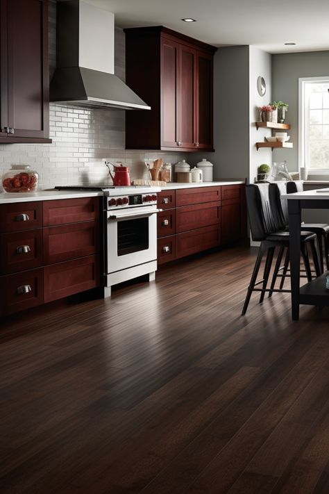 Medium brown floors are always one of our go-to's when a customer has cherry🍒 cabinets! The subtle variance really ties the two colors together. #designinspo #interiordesign #homedecorating #interiordecorating #flooringtips #flooringdesign Tile With Dark Wood Floors, Dark Cherry Wood Kitchen Cabinets, Medium Brown Floors, Dark Walnut Floors, Chestnut Kitchen, Cherry Wood Kitchen Cabinets, Dark Brown Floor, Red Kitchen Cabinets, Cherry Wood Kitchens