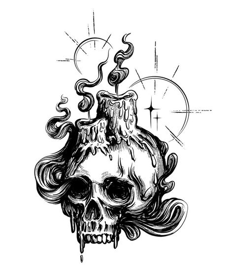 Skull And Candle Tattoo Design, Raven Skull Candle Tattoo, Skull Candle Drawing, Skull With Candle Tattoo, Candle Tattoo Sketch, Candle Skull Tattoo, Witchcraft Art Drawing, Skull And Candle Tattoo, Candles Tattoo Design