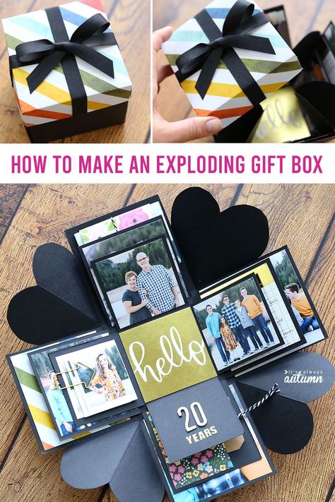 How to make an Explosion Box {cheap, unique DIY gift idea!} - It's Always Autumn Diy Exploding Box, Explosion Box Tutorial, Exploding Gift Box, Photo Gifts Diy, Diy Gifts For Girlfriend, Presente Diy, Anniversaire Diy, Diy Gifts For Mom, Diy Gifts For Him