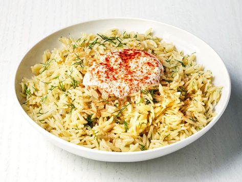 Herbed Orzo Pilaf Recipe | Food Network Kitchen | Food Network Herbed Orzo, Orzo Pilaf, Rice Pilaf With Orzo, Orzo Dishes, Pilaf Recipe, Pilaf Recipes, Pasta Side Dishes, Pasta Sides, Feta Recipes