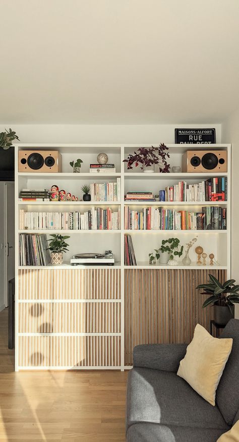 Shelf 002 : a big bookshelf to store their books, the growing record collection, the speakers, but also plenty of objects. #shelf #jjboooth #storage #wood #bois 📍Saint-Ouen ©️JJ.Boooth Big Bookshelf, Turntable Furniture, Hifi Room, Vinyl Record Crafts, Record Crafts, Ikea Bookcase, Record Shelf, Martin House, Dj Booth