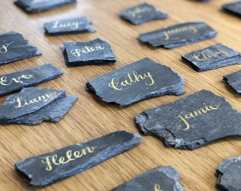 Slate Table Numbers, Candlestick Table Numbers, Dried Flower Table, Place Names Wedding, Slate Wedding, Wedding Design Board, Wedding Table Name Cards, Wedding Envelope Calligraphy, Flower Table Decorations