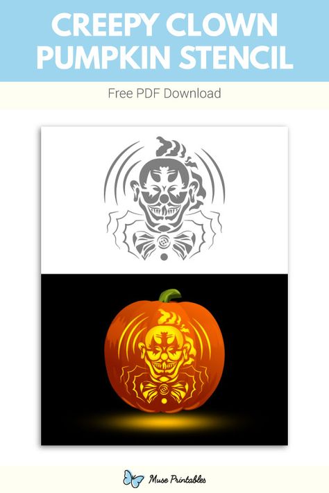 Free printable creepy clown pumpkin stencil. Download it at https://museprintables.com/download/pumpkin-stencil/creepy-clown/ Cauldron Pumpkin Carving, Clown Stencil, Witch Pumpkin Stencil, Pumpkin Stencils Free Printable, Clown Pumpkin, Cauldron Pumpkin, Witch And Cauldron, Pumpkins Art, Printable Pumpkin Stencils