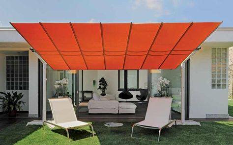 Flexy waterproof shade, £4,816, can be tilted and retracted; 3m wide, 4.28m long;   (02392 410045; encompassco.com). Awning Ideas Patio, Patio Shades, Awning Ideas, Balcony Shade, Commercial Umbrellas, Pergola Design, Offset Umbrella, Patio Shade, Concrete Pavers