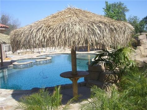 palapas tiki umbrella tables - Google Search Tiki Umbrella Ideas, Pool Hut, Tiki Ideas, Tiki Umbrella, Mexican Palm, Patio Entertaining, Fire Area, Mexican Beach, Tiki Bars