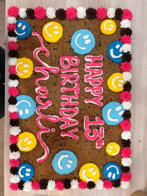 Cookie Cake Designs Ideas, Rectangle Cookie Cake, Floral Cookie Cake, Smiley Face Cookie Cake, Birthday Cookie Cakes, Birthday Cookie Cake Designs, Cookie Cakes Decorated, Cookie Cake Ideas, Cookie Cake Decorating Ideas