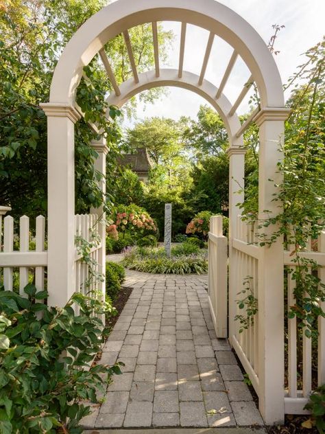 Arbor Gate, Storybook Gardens, Tiered Garden, Estate Garden, Garden Arbor, Garden Walkway, Formal Garden, White Picket Fence, Formal Gardens