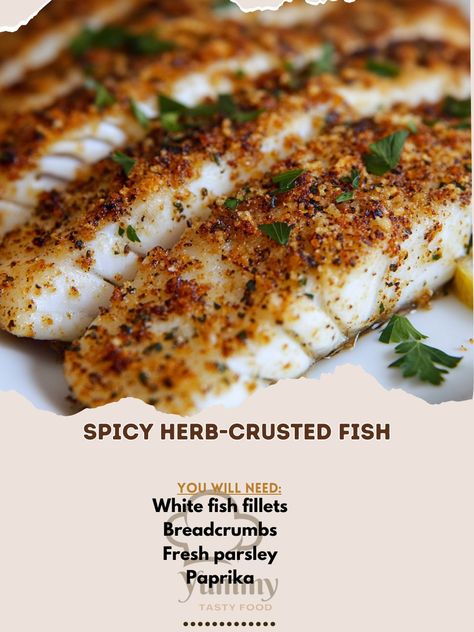 🌶️🐟 Spice up your meal with this mouthwatering Spicy Herb-Crusted Fish! Perfectly crispy and packed with flavor! 🌿🐟 #SpicyDelight #HerbCrustedFish Spicy Herb-Crusted Fish Ingredients: White fish fillets (4) Breadcrumbs (1 cup) Fresh parsley, chopped (2 tbsp) Paprika (1 tsp) Cayenne pepper (1/2 tsp) Lemon zest (1 tsp) Olive oil (2 tbsp) Salt and pepper (to taste) Instructions: Preheat oven to 400°F (200°C). Mix breadcrumbs, parsley, paprika, cayenne, lemon zest, salt, and pepper. Brush fis... Herb Crusted Fish, Crusted Fish, Fish Fillets, White Fish, Cayenne Pepper, Fish Fillet, Cayenne Peppers, Fresh Parsley, Lemon Zest