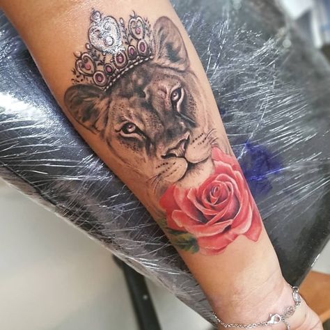 Lion Tattoo For Women, Female Lion Tattoo, Crown Tattoos For Women, Lower Arm Tattoos, Vogel Tattoo, Lioness Tattoo, Rose Tattoos For Women, Small Forearm Tattoos, Best Tattoos For Women