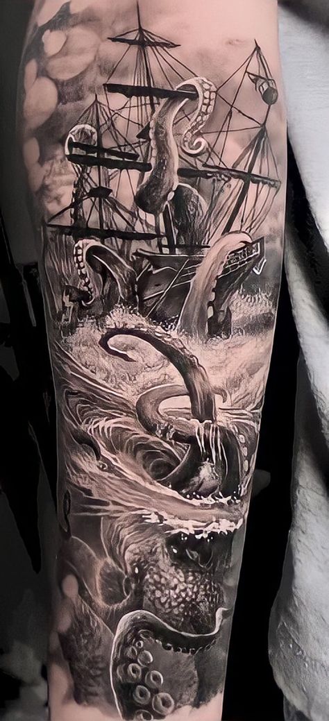 Kraken Tattoos, Pirate Tattoo Sleeve, Tattoo Ideas For Ladies, Sea Tattoo Sleeve, Ship Tattoo Sleeves, Ocean Sleeve Tattoos, Tattoo Ideas For Guys, Nautical Tattoo Sleeve, Octopus Tattoo Sleeve