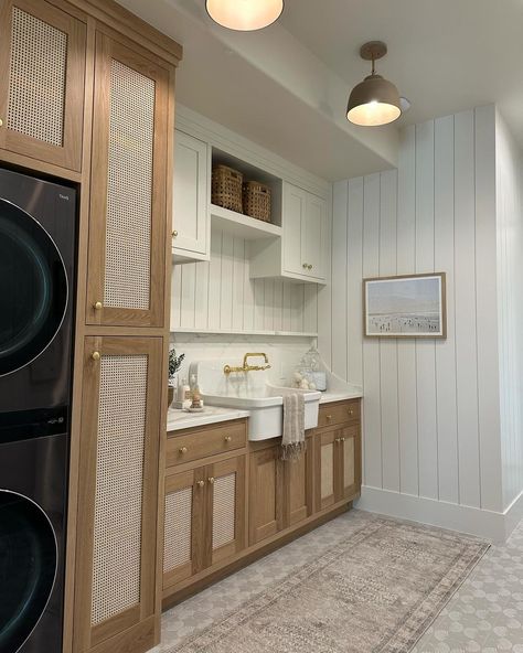 KITCHENS • Instagram Brick Dining Room, Organic Modern Bathroom, House Laundry Room, Green Backsplash, Striped Tile, Dining Room Accents, Laundry Room Flooring, Becki Owens, Fireclay Tile