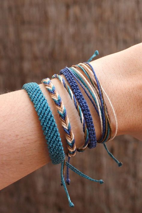 Blue hues surfer macrame bracelets Thread Friendship Bracelets, Monkey Crafts, Sliding Knot Closure, Bracelet Pack, Summer Bracelet, Surfer Bracelets, Stacking Bracelets, Thread Bracelets, Summer Bracelets