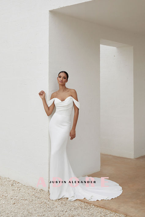 Crepe Fit and Flare Wedding Dress with Pleated Sweetheart Neckline Wedding Dress Off Shoulder, Justin Alexander Bridal, Sincerity Bridal, Flare Wedding Dress, Informal Wedding Dresses, Informal Weddings, Wedding Dress Cap Sleeves, Wedding Dress With Pockets, Dress Off Shoulder