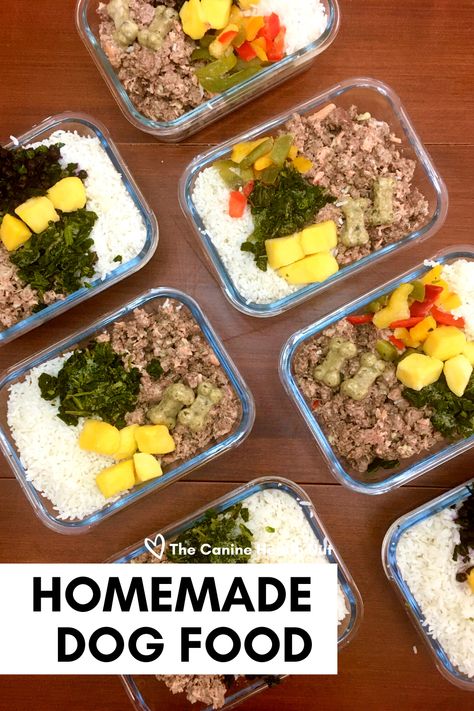 Containers full of homemade dog food recipe - containing meat, fruit, vegetables, and rice. Cooked Meals For Dogs, Home Cooking For Dogs, Healthy Meal Prep For Dogs, Meal Prep For Dog Food, Homemade Dog Food No Chicken, Home Cooked Meals For Dogs, Homemade Dog Food Meal Prep, Pork Dog Food Recipes, Dog Food Prep