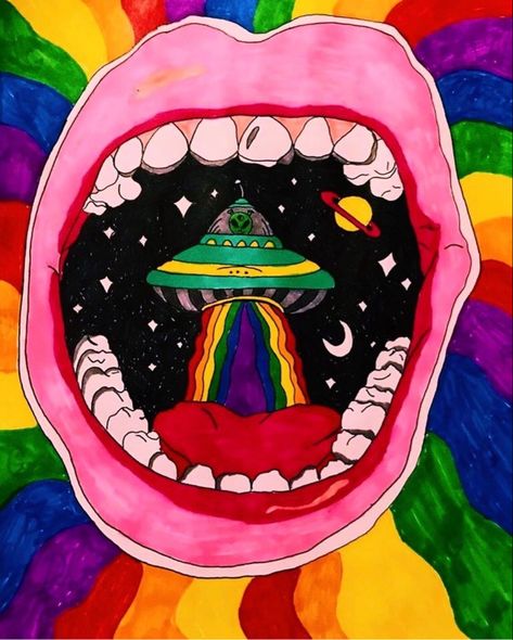 Drawing Rainbow, Trippy Alien, Art Trippy, Trippy Drawings, Arte Indie, Psychadelic Art, Arte Alien, Trippy Painting, Hippie Painting