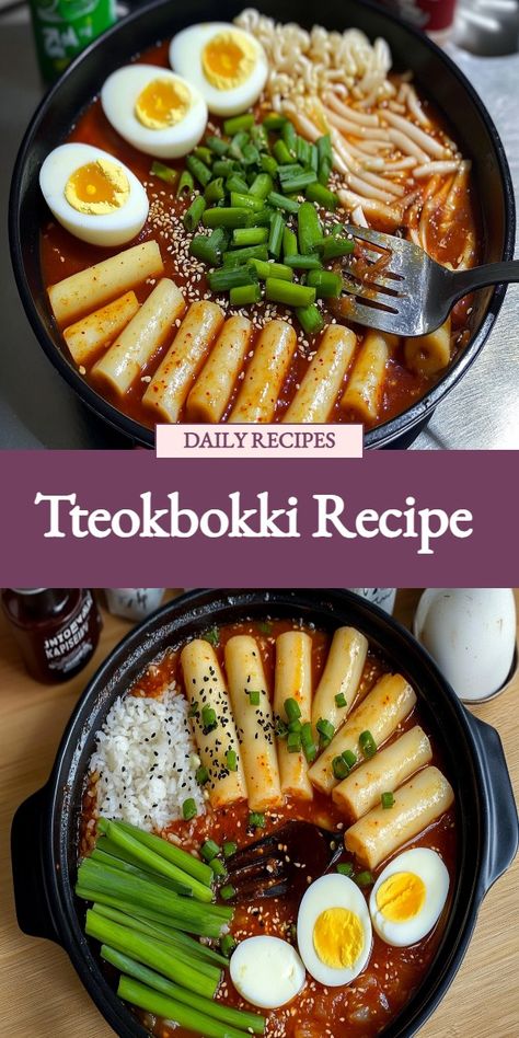 Indulge in the spicy and savory flavors of this authentic Korean dish with our Tteokbokki recipe. Made with chewy rice cakes, sweet and spicy gochujang sauce, and topped with boiled eggs and green onions, this dish is a crowd-pleaser. Learn how to make this popular street food at home and impress your friends and family with your cooking skills. Don't wait any longer, try our delicious Tteokbokki recipe today! Topokki Korean, Korean Tteokbokki, Street Food At Home, Korean Food Recipes, Tteokbokki Recipe, Best Korean Food, Easy Korean Recipes, Gochujang Sauce, Korean Recipes