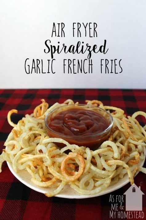 Crispy, delicious air fryer spiralized garlic french fries make the perfect side dish or appetizer! Plus an air fryer giveaway! Spiralized Potatoes, Garlic French Fries, Air Fryer French Fries, Future Chef, Zoodle Recipes, Fried Foods, Spiralizer Recipes, Plaid Tablecloth, Crispy Fry