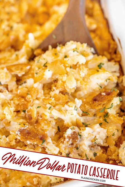 Million Dollar Potato Casserole – We are obsessed with this casserole! SO creamy  delicious! Frozen hash browns, cream of chicken soup, cream cheese, cottage cheese, sour cream and cheddar cheese. Top with crushed Ritz crackers. Tastes like a million bucks! We always have a pan in the freezer for a quick side dish! #casserole #sidedish #potatocasserole Soup Cream Cheese, Cottage Cheese Sour Cream, Frozen Hash Browns, Canned Potatoes, Quick Side Dishes, Potatoe Casserole Recipes, Plain Chicken, Potato Sides, Potato Side Dishes