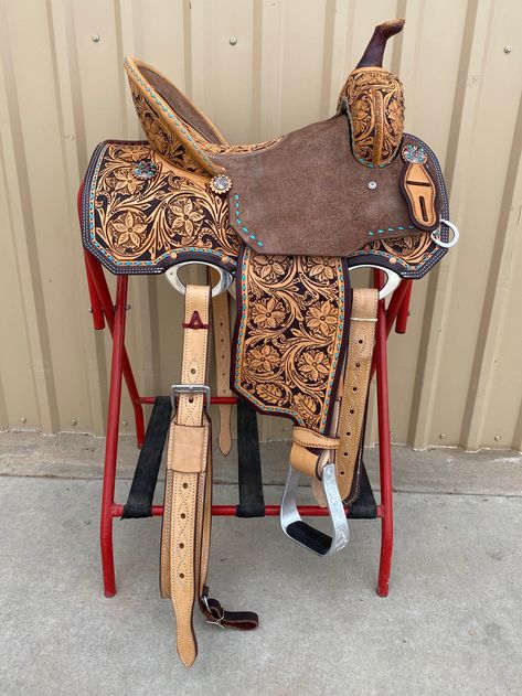 Western Horse Tack Turquoise, Western Riding Tack, Western Tack Sets, Barrel Racing Tack Sets, Barrel Racing Tack Rodeo, Kids Saddle, Leather Horse Tack, Barrel Racing Saddle, Barrel Racing Saddles