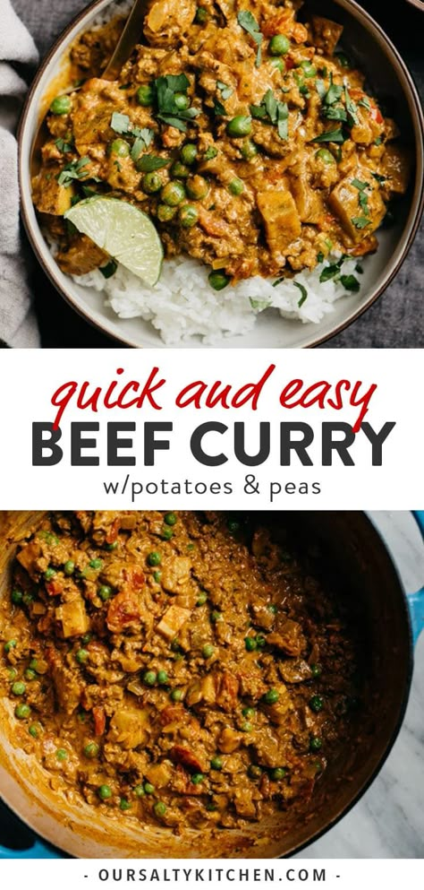 This Keema Curry is an incredibly flavorful ground beef curry with peas, potatoes, tomatoes, and coconut milk. It's perfectly spiced but not too spicy, and ready in 40 minutes. Easy to cook and super hearty, this recipe is perfect for weeknight dinners, and the very definition of comfort food. This Indian ground beef curry is gluten free and dairy free, totally kid-friendly, and great for meal prep or a freezer stash! #comfortfood #curry Ground Beef Peas, Ground Beef Curry Recipe, Curry Ground Beef, Keema Curry Recipe, Beef Keema, Keema Curry, Beef Curry Recipe, Ground Beef Seasoning, Potatoes Tomatoes