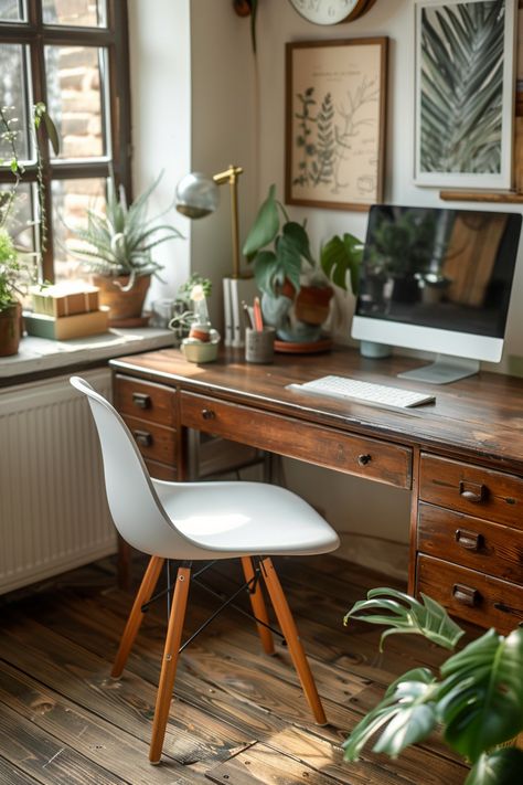 Home Office With Bookcase Behind Desk, Small Apartment Home Office Ideas, Work Desk Living Room, Office Ideas Cozy, Vintage Office Aesthetic, Aesthetic Office Space, Cozy Office Ideas, Aesthetic Home Office, Neutral Office