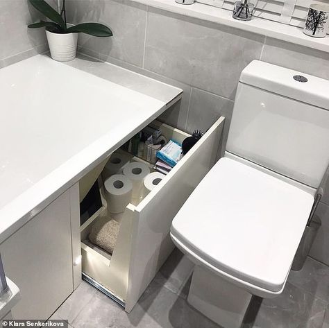 Klara explained that she first used the storage hack when she lived in a one-bedroom maiso... Bath Panel Storage, Clever Bathroom Storage, Mrs Hinch, Bathroom Storage Solutions, Bath Panel, Bathroom Suite, Bath Storage, Tiny Bathroom, Family Bathroom