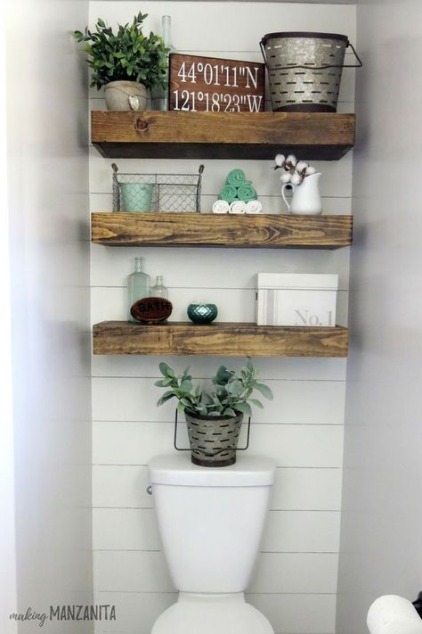 Shiplap Wall Behind Toilet with Shelves | Shiplap in Bathroom | Master Bathroom with Shiplap | Fake Shiplap Walls | Wood Wall in Bathroom | Shiplap Behind Toilets and Shelves above Toilet | Farmhouse Master Bathroom Reveal #farmhouse #bathroom #shiplap #farmhousebathroom #homedecor #magnolia Rustic Bathroom Ideas Farmhouse, Behind Toilet, Shelves Above Toilet, Ideas Baños, Shiplap Bathroom, Shiplap Accent Wall, Faux Shiplap, Bathroom Farmhouse Style, Farmhouse Shelves