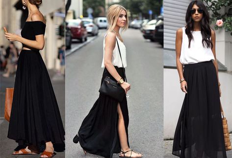 What to Wear with a Black Maxi Skirt? Outfits & Ways to Wear ... Pleated Skirt Outfit Summer, Black Long Skirt Outfit, Maxi Leather Skirt, Long Black Maxi Skirt, Long Black Skirt Outfit, Black Maxi Skirt Outfit, Black Chiffon Skirt, Black Full Skirt, Skirt Outfit Summer