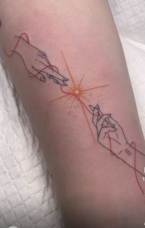 Red Thread Fate Tattoo, Red Threat Of Fate Tattoo, Love At First Sight Tattoo, String Theory Tattoo, Red String Theory Tattoo, Matching Anime Tattoos Best Friends, Thread Of Fate Tattoo, Red Thread Of Fate Tattoo, Innerbloom Tattoo